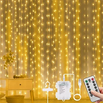 Imagen de Vicloon Guirnalda luminosa para cortina, 300 LED, 3 m x m, baja tensión 5 V, 8 modos de iluminación impermeable IP67 exterior e interior, decoración Navidad, boda, cumpleaños