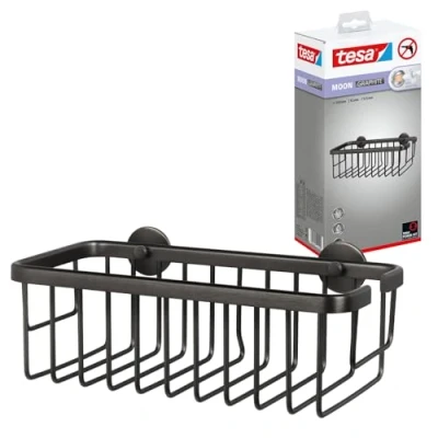 Imagen de tesa MOON Cesta de Ducha Autoadhesiva Canasta 1 Nivel, Extra Profunda, Metal Revestido PVD, Cepillada en Grafito sin Taladrar, Incluye Solución Adhesiva 92 mm x 250 125