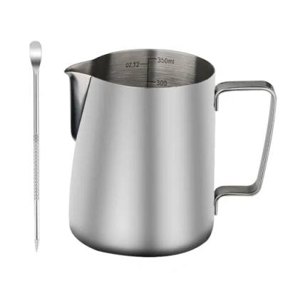 Imagen de Atliberswo 350 ml jarra leche barista, lechera acero inoxidable 304,jarra espumadora con marcas de medición apto para capuchino y espresso Caffelatte Latte Macchiato（Plata 12 oz）
