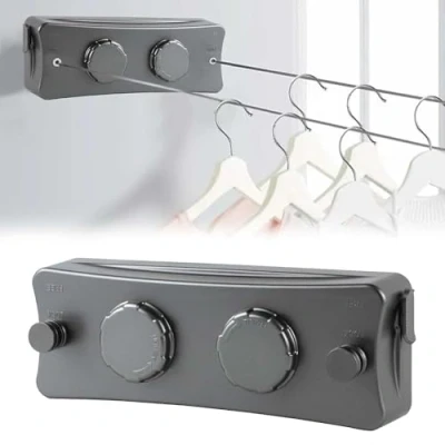 Imagen de Tendedero Retractil Ajustable 5.1M, Extensible Pared 2 Cuerdas, Inoxidable Retractable, la Perilla de Tensión Proporciona Soporte Adicional, Diseño Antihundimiento(Gris)