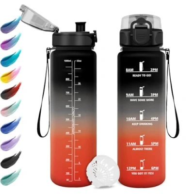 Imagen de Botella Agua Deportiva 1L, con Filtro, Motivadora y Prueba de Fugas, Reutilizable, Marcador Tiempo, Garrafa para Fitness, Senderismo, Oficina
