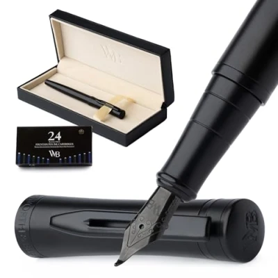 Imagen de Wordsworth &amp; Black Juego de Pluma Estilográfica, Punta Curva,Incluye 24 Cartuchos Tinta,Convertidor Recarga Tinta y Caja Regalo,Caligrafía,[Todo Negro],Perfecto para Hombres Mujeres