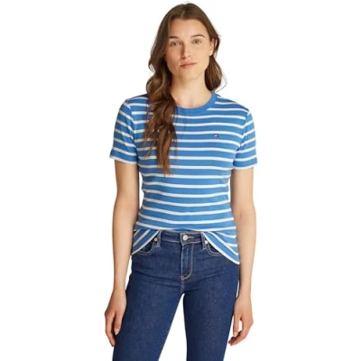 Imagen de Tommy Hilfiger Camiseta de manga corta Mujer Slim Cody con cuello redondo, Multicolor (Fine Stp Blue Spell/ Ivory Petal), XXL