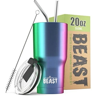 Imagen de Greens Steel BEAST Termo Café para Llevar 550ml I Arco iris Taza Térmica de Acero Inoxidable Reusable Viajera Doble Pared al Vacío 2 Pajitas y Cepillo Limpieza