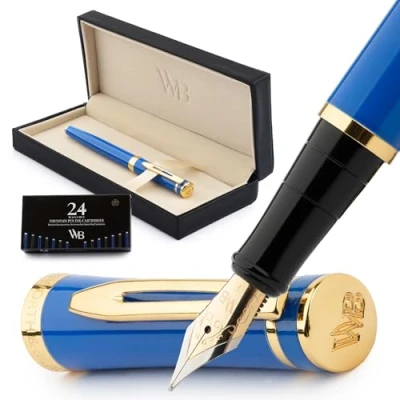 Imagen de Wordsworth &amp; Black Juego de plumas estilográficas, pluma dorada fina 18 quilates, 24 cartuchos tinta, convertidor recarga y estuche regalo, para caligrafía, azul imperial