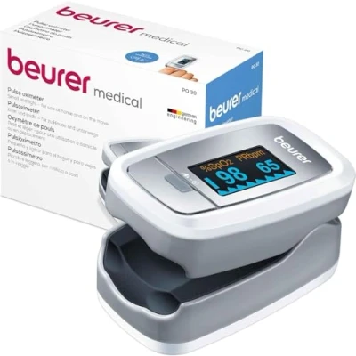 Imagen de Beurer PO 30 Pulsioxímetro, medición saturación de oxígeno (SpO2) y frecuencia cardíaca (pulso), pantalla a color fácil lectura, visualización cardíaca, Blanco/Plata, 60 x 36 32 mm
