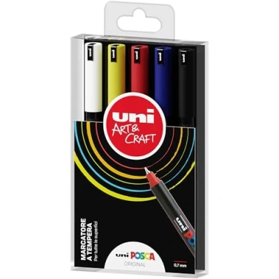 Imagen de POSCA Uniposca Juego completo con 5 rotuladores de punta extrafina, 0,7 mm, acrílicos Uni ideales como colores para niños y artistas, papelería, tela otras