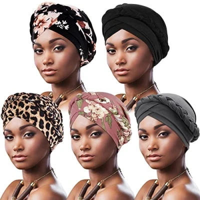 Imagen de DRESHOW Turbante Africano para Mujeres Preatado Trenzado Envoltura de Cabeza Sombreros Moda Gorra Dormi Gorro cáncer quimio