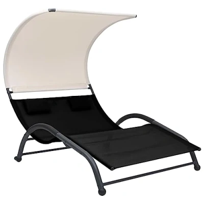 Imagen de vidaXL Tumbona Doble con Toldo Hamaca Playa Piscina Cama Patio Terraza Balcón Jardín Cómodo Acolchado Relajante Chaise Longue Textilene Negro