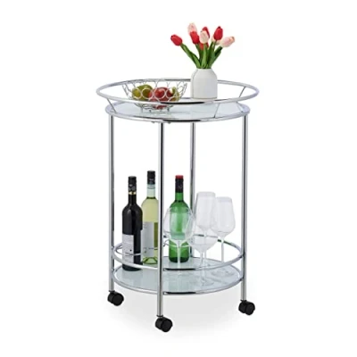 Imagen de Relaxdays Carrito Cocina con Ruedas, Camarera 2 Baldas Redondas, Carro Auxiliar Vidrio y Metal, 77x56cm, Plateado/Blanco, Hierro