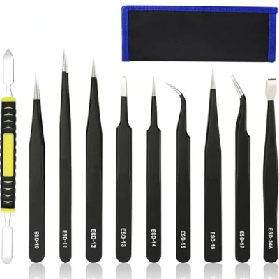 Imagen de YUEMING 10 Piezas Pinzas de Precisión,Juego Antiestáticas Acero Inoxidable, Tweezers ESD, para Electrónicas, Joyería, Laboratorio o Cosmetología