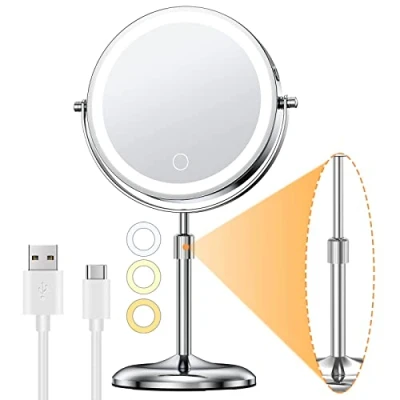 Imagen de Gospire espejo de maquillaje iluminado con aumento 10X, altura ajustable y 3 luces regulables color 7 pulgadas, cosmético giratorio 360 doble cara recargable LED