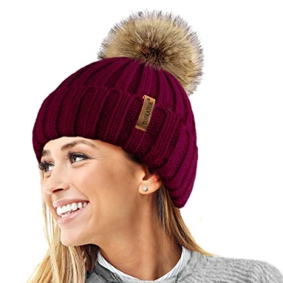 Imagen de TOSKATOK® Invierno de Las Mujeres Costilla Punto Hat/Beanie con Desmontable Piel Falsa Chunky Pom Bobble Burg