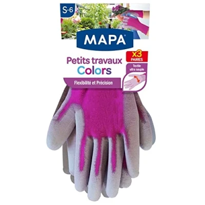 Imagen de Mapa petits travaux Colors x3 Gants de jardinage ultra souple en polyamide Polyvalent pour tous vos 3 paires Taille 6/S coloris Rose/Bleu/Violet