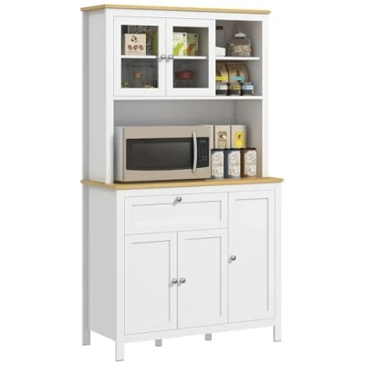 Imagen de HOMCOM Alacena de Cocina Moderno Mueble Auxiliar con 5 Puertas Estante Ajustable Cajón y Encimera Microondas Abierta 100x40x180 cm Blanco