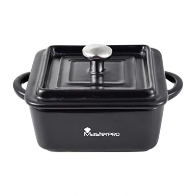 Imagen de MasterPro Cook &amp; Share Mini Cocotte Cuadrada con Tapa de 13.5 x 10.6 4.5/6.5 cm, Ideal para Compartir, Fabricado en Gres Interior y Exterior Esmaltado Negro, Apta Lavavajillas Horno