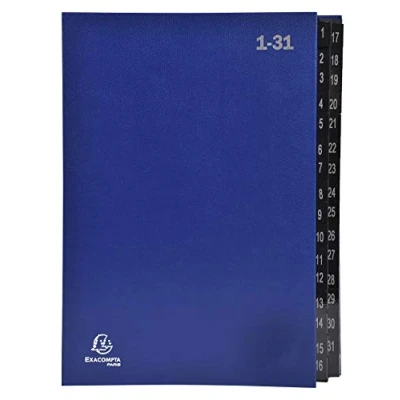 Imagen de Exacompta 57042E 1 clasificador Ordonator tapa dura interior de cartulina negra fichas numéricas plastificadas del al 31 32 compartimentos tamaño 25x33 cm para A4 color azul