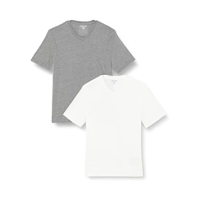 Imagen de Amazon Essentials Camiseta de manga corta, cuello pico, corte recto (disponible en tallas grandes y largos especiales) Hombre, Pack 2, Blanco/Gris Mezcla, M