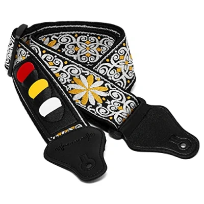 Imagen de World Rhythm Correa de guitarra algodón con bordado floral para guitarras eléctricas, acústicas, clásicas y bajos soporte púas (WR 213), Amarillo (Yellow Floral)