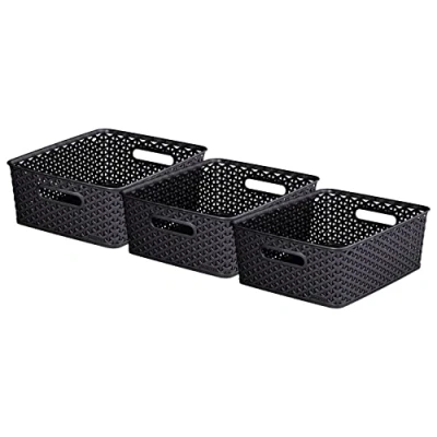 Imagen de Curver My Style Juego de 3 cestas almacenamiento rectangulares medianas con efecto ratán para cocina, sala estar, baño, dormitorio, utilidad, 12 litros, color antracita, gris oscuro (35,5 x 29