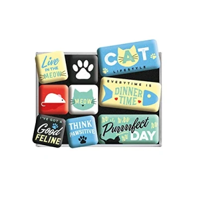 Imagen de Nostalgic Art, Juego de Imanes retro, Cat Lifestyle Idea regalo para dueños gatos, Decoración la nevera, Diseño vintage, 9 unidades