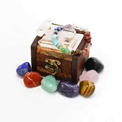 Imagen de Nvzi Set de Cristales y Piedras Sanación en Caja Madera, Kit Gemas Cristales, 7 Chakra, Regalos Espirituales para Mujeres, Suministros Herramientas Hechicería