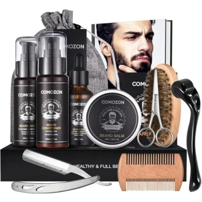 Imagen de Kit Barba Hombre Cuidado 12 En 1 Con Maquina Afeitar Aceite Cepillo Para Champu Peine Balsamo Barba,100% Natural, Regalos
