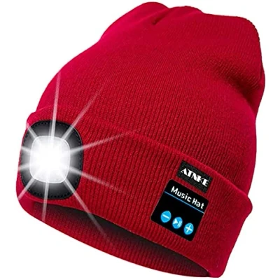 Imagen de ATNKE LED Luminoso Bluetooth Gorro Sombrero, USB Recargable 4 Inalámbrico Musical Gorras Correr Super Brillante Impermeable Luz Invierno Cálido Regalos para Hombre y Mujer/Red