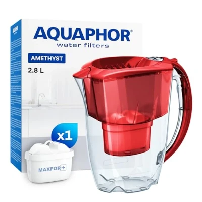 Imagen de AQUAPHOR Jarra con Filtro de agua Amethyst Rojo 1 Maxfor+ cartucho incluido I plástico 2,8l Reduce cal, cloro, metales pesados compacta perfecto para nevera