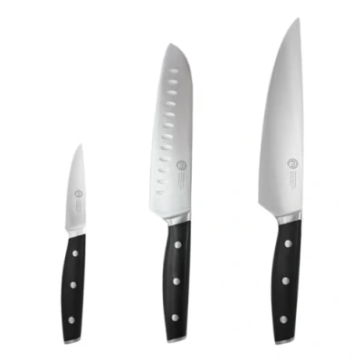 Imagen de MasterChef Juego de Cuchillos Cocina Profesional con Cuchillo Chef, Santoku y Tomatero en Inox Alto Contenido Carbono Cabezales Asas Triple Remache, Espiga Llena, 3 Piezas
