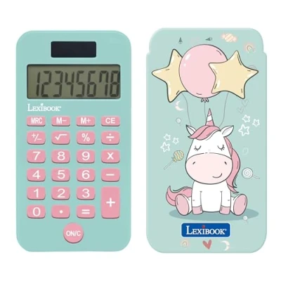 Imagen de Lexibook, Unicornio, Calculadora de Bolsillo con Tapa Protectora, Funciones Clásicas y Avanzadas, a Pilas Solar, Azul/Rosa, C45UNI
