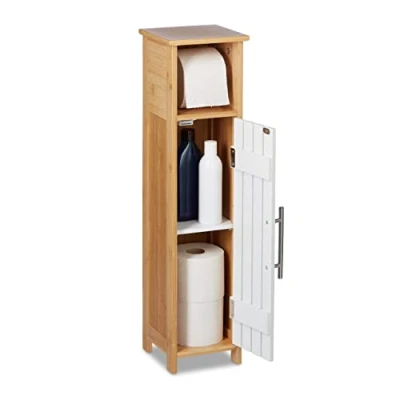 Imagen de Relaxdays Papel higiénico Portarrollos Baño de Pie con Puerta, Armario Pequeño, 71 x 18 20 cm, MDF y Bambú, 3 Baldas, Marrón Blanco