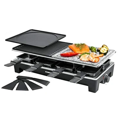 Imagen de ROMMELSBACHER Raclette Grill RCS 2 parrillas reversibles, 1 plancha de piedra, 8 sartenes, rascadores, revestimiento antiadherente Xylan Plus, control temperatura continuo, 1350 W, negro/acero