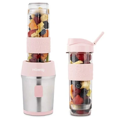 Imagen de H.Koenig Mini Batidora Smoothie maker Compacto 570mL SMOO12 Sin BPA Potente 300W, de 2 Botellas Portátiles, 4 Cuchillas Acero Inoxidable, rosa pastel