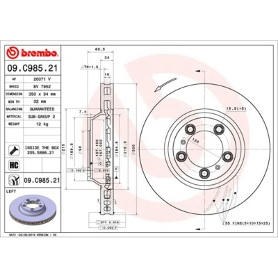 Imagen de BREMBO 09.C985.21 Disco de freno 350 34 5 ventilación interna revestido altamente carbonizado con tornillos