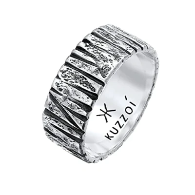 Imagen de Kuzzoi anillo de hombre con diseño textura artística, banda maciza (9 mm) ancho en plata ley 925, martillado, oxidado para hombres