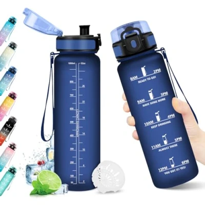 Imagen de Botella Agua 1L, con Filtro, Cantimplora Reutilizable, Motivacional, Marca de Tiempo, sin BPA, para Gimnasio, Oficina, Escuela, Sport, Bicicleta