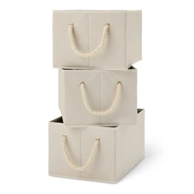 Imagen de Amazon Basics Cajas de almacenamiento plegables con asas cuerda, color lino, grande, paquete 3