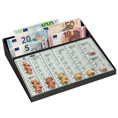 Imagen de Wedo 160958049 Caja de monedas con compartimiento billetes y tira fija ranura para monedas, 270 x 255 65 mm, negro/blanco