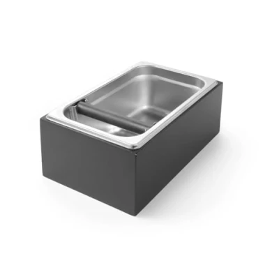 Imagen de HENDI Caja de golpe café con marco madera, vaciado posos café, barra golpeo extraíble revestimiento silicona, GN 1/4, 265x162x(H)100mm, madera oscura/acero inoxidable