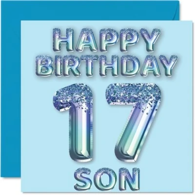 Imagen de Tarjeta de cumpleaños número 17 para hijo, globos fiesta con purpurina azul, tarjetas feliz hijo años parte mamá, papá, padres, felicitación