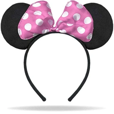 Imagen de Hatstar Diadema con orejas de ratón en negro, lazo rosa lunares blancos, accesorio para el pelo niños y adultos, tocado mujer niña, disfraz carnaval