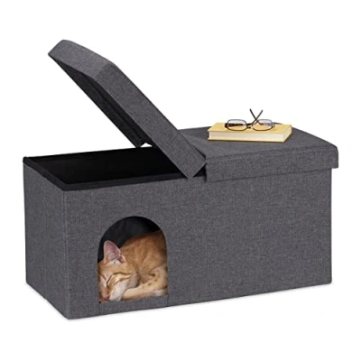 Imagen de Relaxdays Casa Gato con Banco, Cueva Gatito Plegable, Accesorios Gatunos Interior, Escondite, 5 x 74,5 37 cm, Gris, Gomaespuma, 38,5x74,5x37 cm