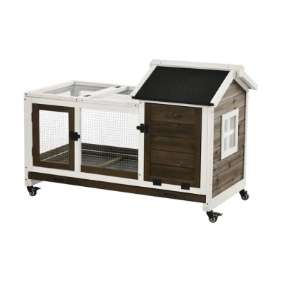 Imagen de PawHut Conejera de Madera con Ruedas 108x58x73,5 cm Jaula para 1 2 Conejos Techo Abrible Corral Metálico Bandeja Extraíble Puertas Pestillo y Rampa Café