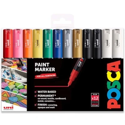 Imagen de Juego de 12 rotuladores profesionales Uni Posca PC 1M, incluye extra color negro y blanco