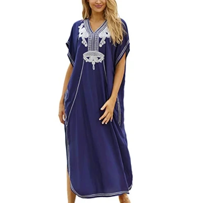 Imagen de YouKD Verano Algodón Bordado Floral Flojo Caftán Boho Vestido de Bikini Playa Bata Talla Grande para Mujer