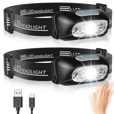 Imagen de Glangeh Linterna Frontal, Impermeable IPX6 Frontal LED Recargable USB 4 Modes de Luz con Sensor, 500 Lúmenes Cabeza 1200mAh Ajustable Ángulo &amp; Correa para Camping Correr Pesca Ciclismo