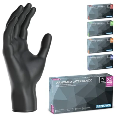 Imagen de ARNOMED guantes latex talla XS, de negros, sin polvo, 100 uds/caja, tallas S, M, L y XL desechables, negros latex, desechables