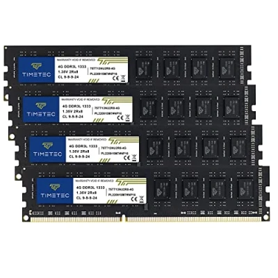 Imagen de Timetec DDR3 1333MHz PC3 10600 No ECC Sin búfer 1.35V CL9 2Rx8 Dual Rank 240 Pin UDIMM Actualización de módulo Memoria RAM PC Escritorio (16GB Kit(4x4GB))