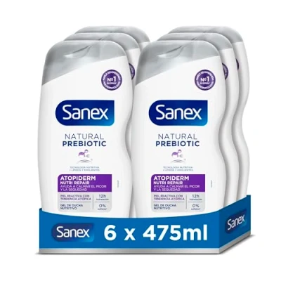 Imagen de Sanex Natural Prebiotic Atopiderm Gel de Ducha, Pack 6 Uds x 475ml, Baño para Piel Reactiva con Tendencia Atópica, Ayuda a Calmar el Picor y la Sequedad, 12H Hidratación